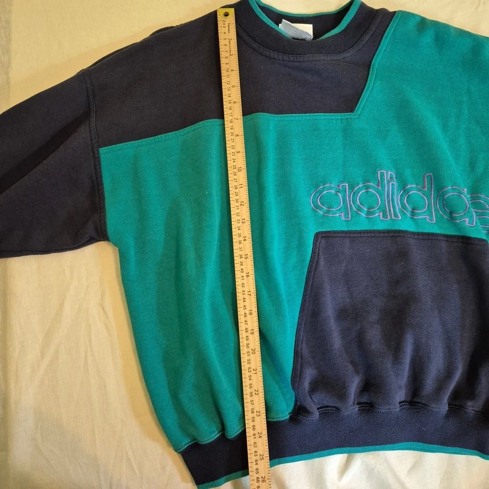 Vintage Adidas Sweatshirt L Teal Colorblock 90s Mock Neck Trefoil Spellout Retro